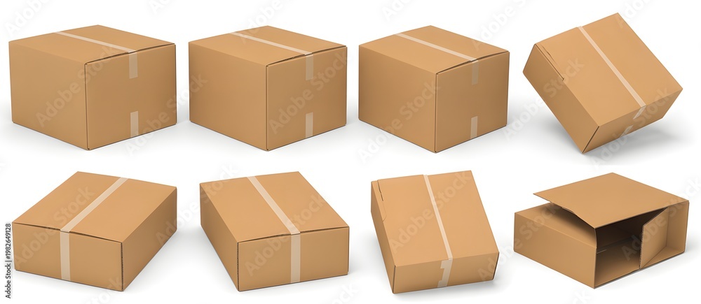 Fototapeta premium Eight brown corrugated cardboard boxes in various orientations and states of assembly