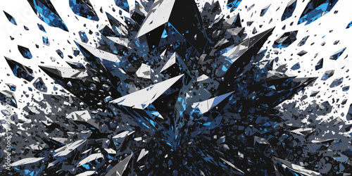 Abstract background featuring exploding dark blue and white sharp crystalline shards explosion abstract geometric shattered fragment structure background composition crushing gemstone