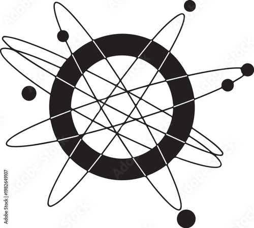 Black atom, science icon, atomic structure, molecular model, vector illustration