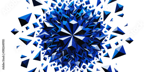 Spherical geometric explosion of blue sharp crystal prisms with explosion geometry abstract shattered geometric background structure fragment sharpness refraction crystaline wallpaper