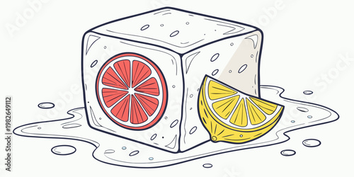 Graphic illustration of a melting ice cube with a grapefruit slice and lemon wedge grapefruit refreshing illustration background beverage cocktail refreshment isolated colorful