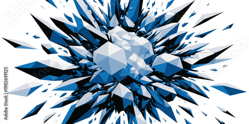 Abstract explosion of blue and white geometric crystalline shards with explosion geometric abstract shattered fragments structure composition background wallpaper refraction particle