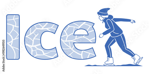 Stylized word ice written in cracked icy texture next to a female ice skater with typography activity recreation lettering lifestyle coldness illustration character minimalist exercise