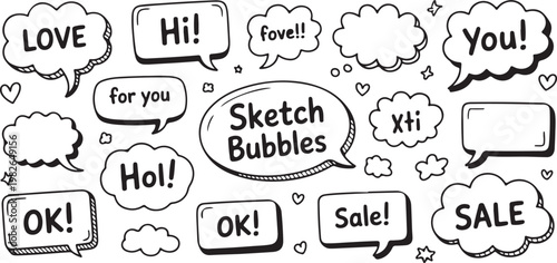 Collection of hand drawn sketch speech bubbles with words love hi for you sale ok and funny phrases, transparent background.