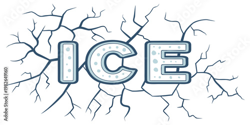 Text ice in dotted font centered on a background of dark deep icy cracks with typography fracture shattered freezing abstract illustration background minimalist creative wintertime