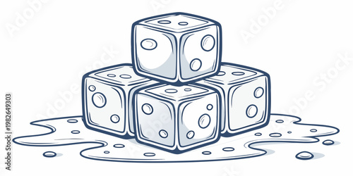 Stack of four melting dice-shaped ice cubes with line art hand drawn outline art outline drawing vector art black and white refreshment illustration beverage drinkware isolated