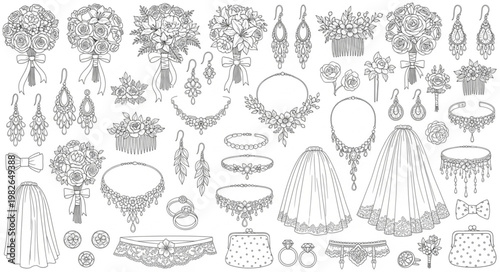 Vintage Floral Ornaments and Jewelry Collection Line Art.