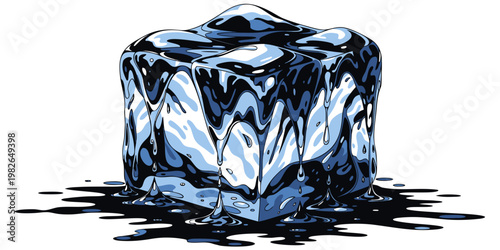 Melting ice cube with dark liquid dripping abstract illustration isolated background condensation dissolve moisture movement refreshment supercooled transparent unfrozen