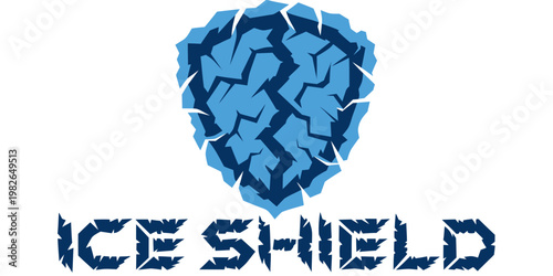 Cracked ice shield logo with bold text 'ice shield' white background typography shattered illustration wordmark branding identity protection security strength stylized lettering