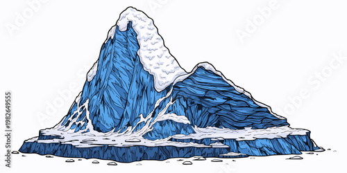 Snow-capped ice mountain on frozen platform under white background with isolated background mountain landscape isolated background antarctic environment formation structure illustration
