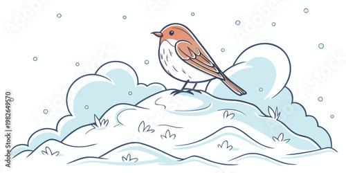 Cute robin bird perched on a snowdrift during a snowfall with snowfall illustration wildlife isolated minimalist stylized character landscape background seasonal