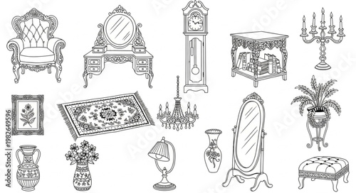Vintage Furniture and Decor Collection Hand-Drawn Illustrations.