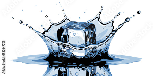 Ice cube splashing into water creating crown splash with refreshment isolated background hydration transparent movement beverage refreshing illustration