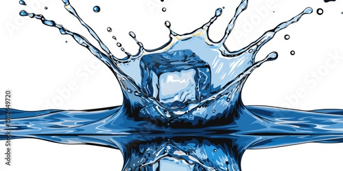 Ice cube falling into water with large splash and reflection refreshment isolated background hydration transparent movement beverage refreshing reflection illustration photography