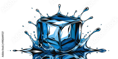 Blue ice cube splashing into water with splash effect refreshment isolated background hydration transparent movement beverage refreshing illustration abstract geometric