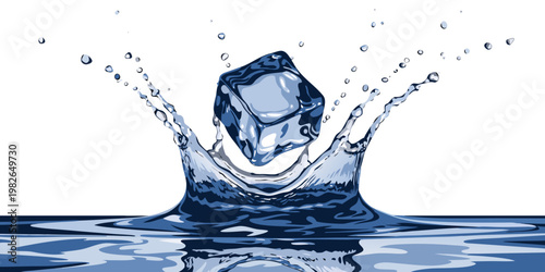 Ice cube splashing into water with droplets and waves water splash white background light blue dark blue cool down refreshing abstract beverage elemental disruption refreshment
