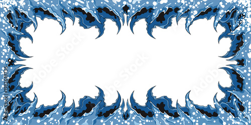 Dynamic blue ocean wave and foam border frame design with splashing water elements and copy space white background text space light blue dark blue water element movement abstract