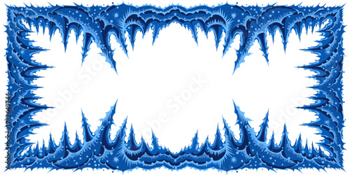 Jagged blue ice frame with frosty spikes and snowflakes. winter abstract background border. cold season decorative element snowflake decorative abstract template background christmas