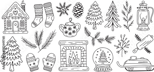 Christmas elements in doodle style: fireplace, trees, gingerbread house, socks and pinecones.