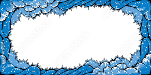Organic wavy blue ice frame with rounded frosty edges and snow particles. abstract winter border design. cold season decorative element abstract decorative illustration template background