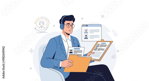 Recruitment specialist reviewing resumes and candidate profiles online, HR concept