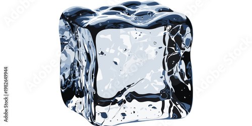 Detailed graphic illustration of a transparent ice cube with internal cracks bubbles a wet melting surface transparent chilling refreshment illustration isolated background beverage