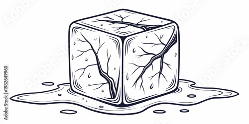 Black and white outline illustration of a cracked ice cube melting into a puddle of water depicting a state of change line art illustration defrosting isolated monochrome transformation