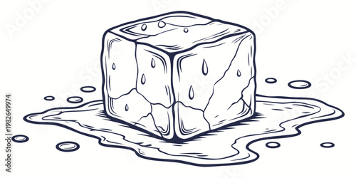 Hand-drawn black and white outline illustration of a melting ice cube with water droplets on its surface and a growing puddle around its base line art graphic design droplets illustration