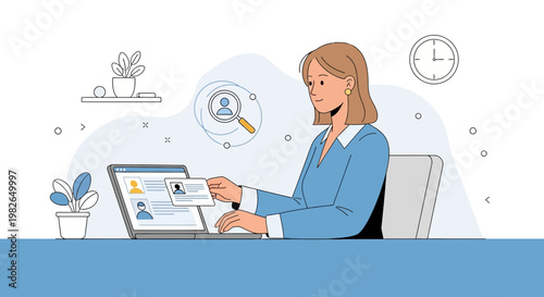 Recruitment specialist reviewing resumes on laptop, HR concept illustration