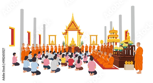 A spiritual gathering of Buddhist monks and devoted followers observing traditional rituals within a beautifully adorned temple hall, fostering peace and collective devotion during a sacred ceremony