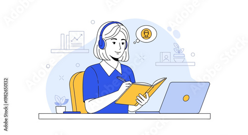 Student with headphones studying online, taking notes, and learning remotely