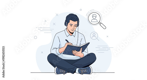 Student with headphones writing in notebook, learning online, search icon