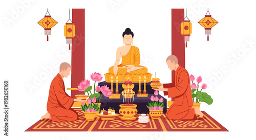 Two Buddhist monks engage in a traditional offering ceremony before a serene golden Buddha statue, set within a vibrant temple interior, symbolizing peace and devotion, Vesak