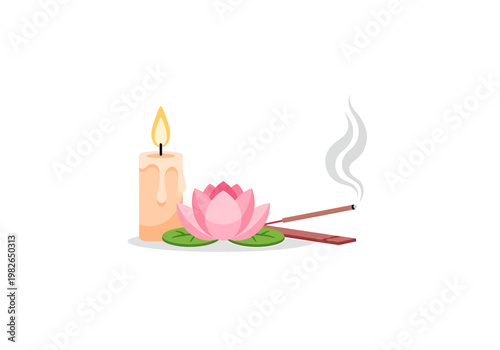 Zen and relaxation elements for mindfulness, featuring a glowing candle, fragrant incense, and a delicate lotus flower, creating a serene and peaceful ambiance for meditation