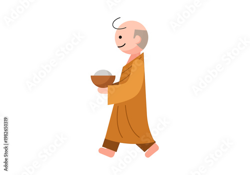 Peaceful illustration of a devout monk in traditional saffron robes, walking gracefully with an alms bowl, representing spiritual devotion, ancient traditions, and cultural practice