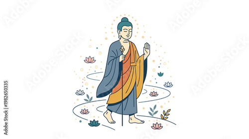 An illustration depicting a serene spiritual figure walking amidst gentle lotus blossoms, symbolizing inner peace, enlightenment, and a journey of mindfulness and wisdom