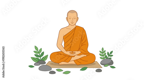 A serene Buddhist monk practices meditation in a lotus position, embodying spiritual peace and mindfulness surrounded by natural elements, Vesak