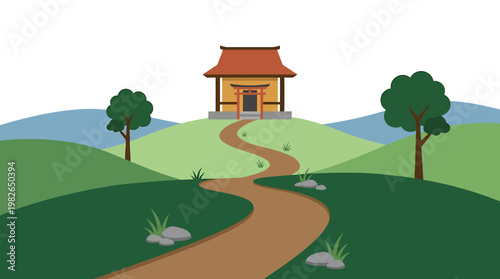Peaceful vector illustration featuring a traditional Asian temple perched on a rolling green hill, with a winding pathway inviting visitors to explore this tranquil cultural landmark