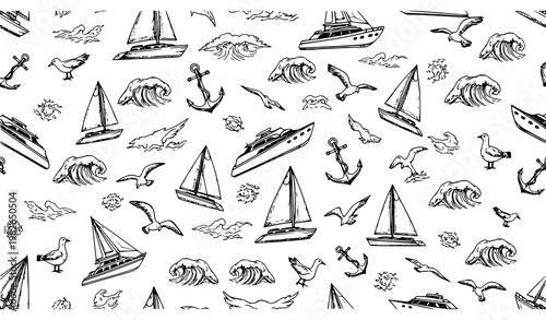 Seamless nautical vector pattern with yachts seagulls and waves in hand drawn sketch style for textile and packaging design