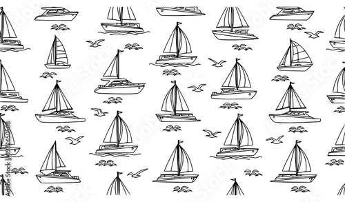 Seamless black and white nautical pattern with yachts sails waves and seagulls vector illustration for fabric and packaging design