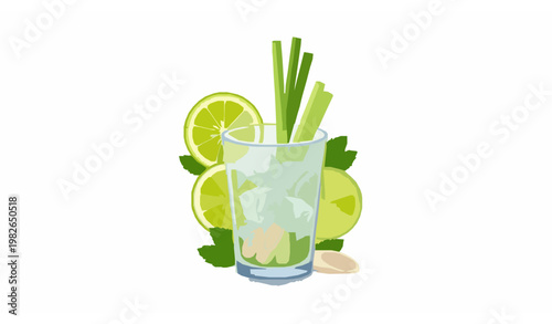 Herbal lemongrass drink in glass vector illustration with citrus and ice in modern semi flat style isolated on white