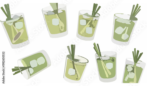 Lemongrass drink glass vector set with herbal iced beverage illustration in playful hand drawn style isolated on white