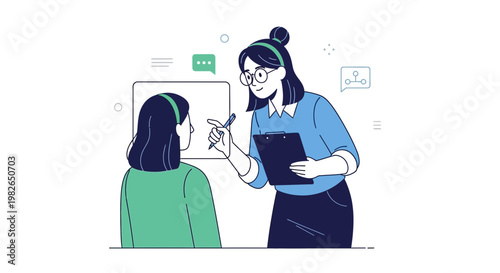 Two women in a meeting, one is presenting and the other is listening.