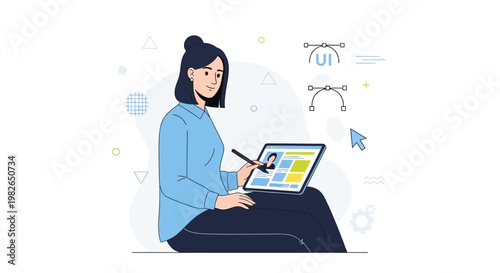 UI Designer Working on Tablet with Vector Tools and Cursor, Creative Process