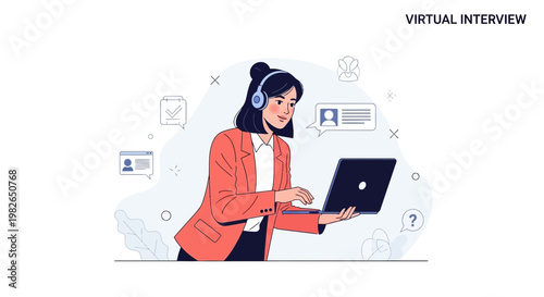 Virtual Interview: Woman with Headphones on Laptop, Online Job Application