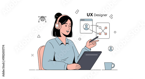 UX Designer Working on Digital Interface Design with Tablet and Headphones