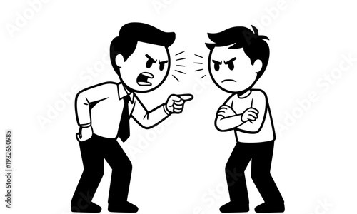 Cartoon illustration of two angry men in a workplace confrontation, boss aggressively pointing finger at defiant employee with arms crossed, depicting conflict, argument, and business dispute