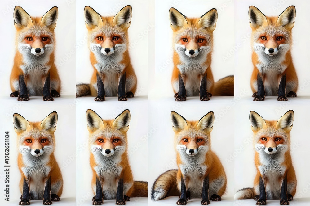 Fototapeta premium Eight-panel grid of sitting red fox portraits on white background, gentle curious expression, two panels partially obscured by blurred rectangles
