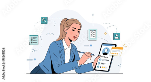 Woman analyzing resume on tablet, HR recruitment, job search, online hiring process