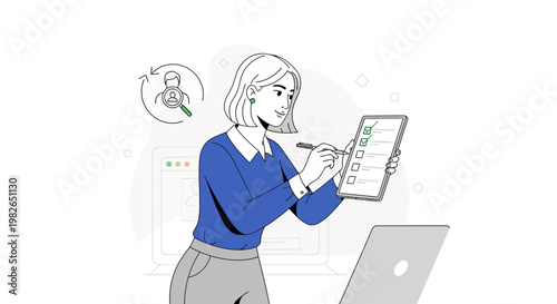 Woman checking tasks on tablet, business concept illustration